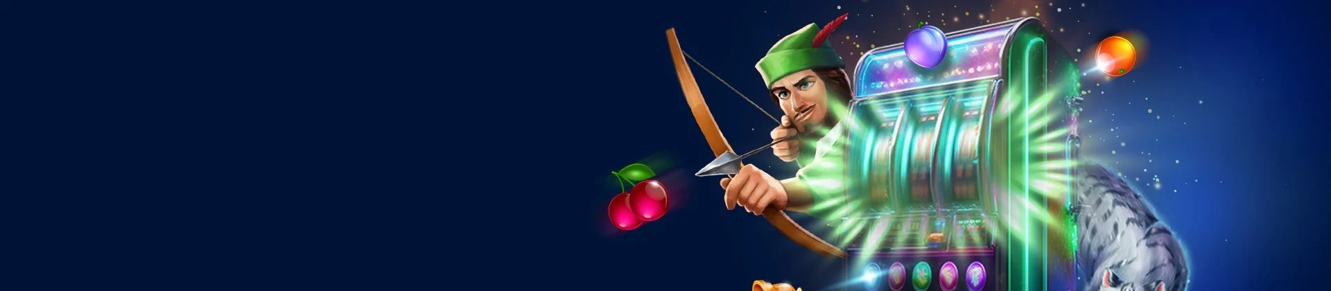 Robin Hood dibujado con su arco junto a una tragaperras y un tigre blanco
